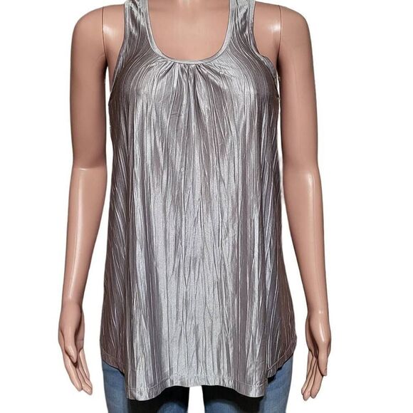 Crew neck loose fit sleeveless ruched front  shiny top S - Picture 1 of 5